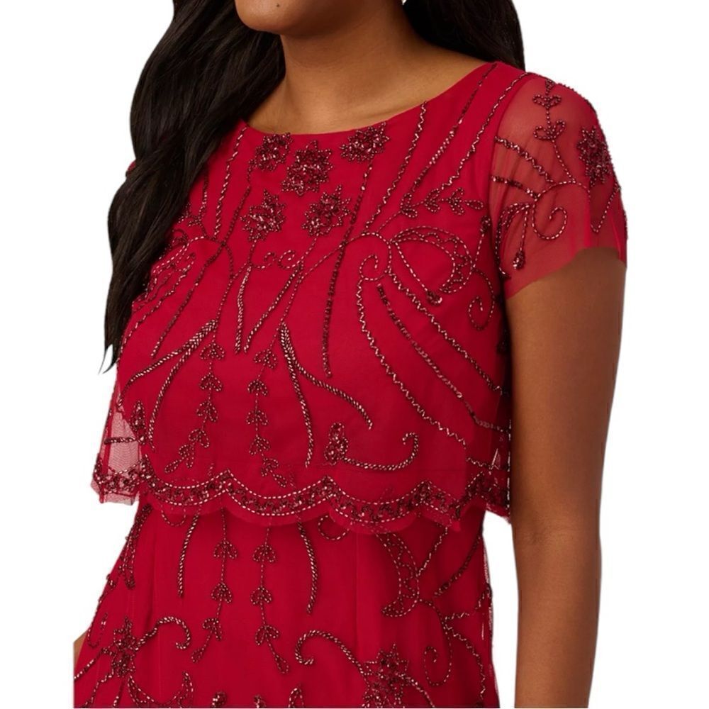 Adrianna Papell Beaded Scalloped-Popover Gown in the Size 16 in Cranberry Color - Picture 4 of 6